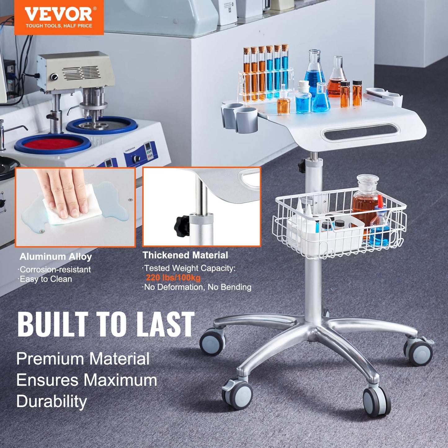 VEVOR Medical Mobile Trolley with Wheels 29.5"-41.3" Height Adjustable Stainless Steel Dental Cart Rolling Desktop Lab with 16.5" 15.7" Large Tabletop