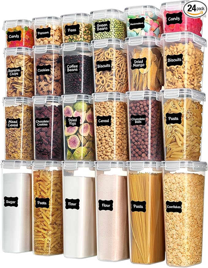 Vtopmart Airtight Food Storage Containers with Lids, 24 pcs Plastic Kitchen and Pantry Organization Canisters for Cereal, Dry Food, Flour and Sugar, BPA Free, Includes 24 Labelsï¼ÂGray