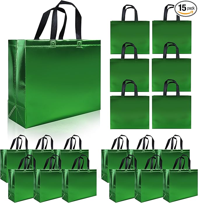 cabzymx Glossy Green Reusable Gift Bags 15 Pcs, 12.6 x 4.7 x 11 In Party Goodie Bags with Sturdy Base, Large Christmas Gift Bags Bulk for Birthday, Wedding, Xmas, Holiday