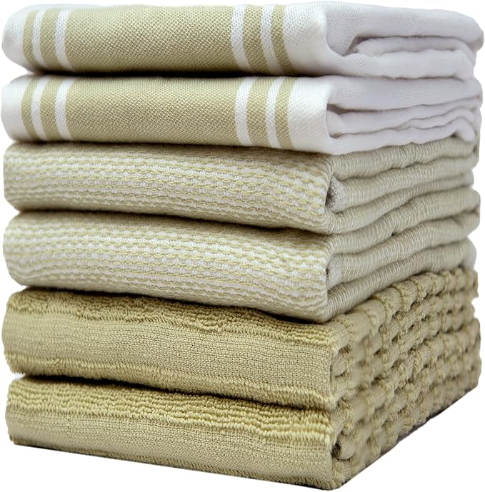 Premium Kitchen Towels (20âx 28â, 6 Pack) | Large Cotton Dish Towels | Flat & Terry Highly Absorbent Kitchen Linen Set with Hanging Loop | Wide Stripe Sage Green