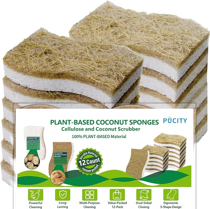 Sponges Kitchen Natural Dish Sponge Plant-Based Biodegradable Compostable Cellulose with Coconut Scrubber Sponge Non Scratch Eco Friendly Kitchen sponges for Kitchen Dishesï¼Pack of 12ï¼