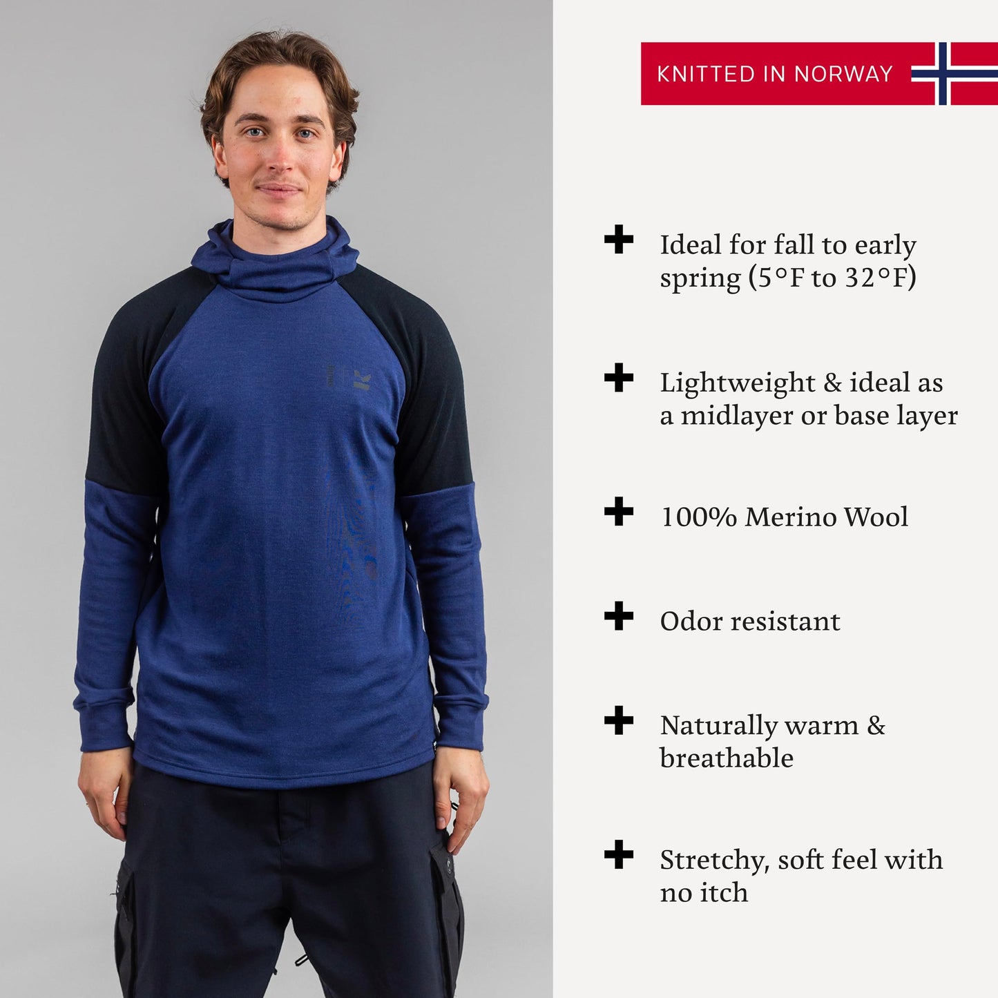 Janus Wool Kleveland Merino Base Layer - 100% Wool Fleece Hooded Sweatshirt - Men, Women, Teens - Winter Snowboarding Pullover - Brushed Interior - Under Helmet Warmth & Protection - Large Blue