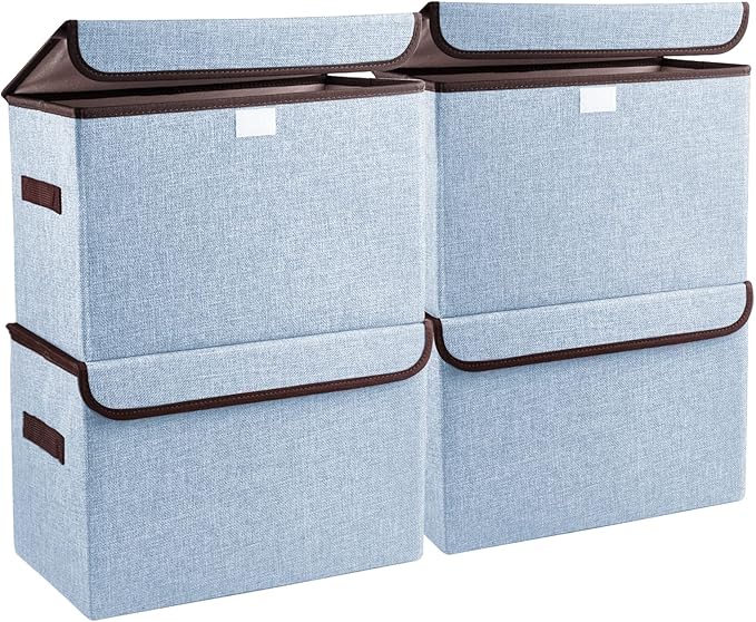 Bagnizer Foldable Storage Bins with Lids, Decorative Storage Baskets, Large Storage Boxes for Home, Office, Bedroom, Closet, Blue, Medium, 4 Pack 14.6 x 9.5 x 9.5â