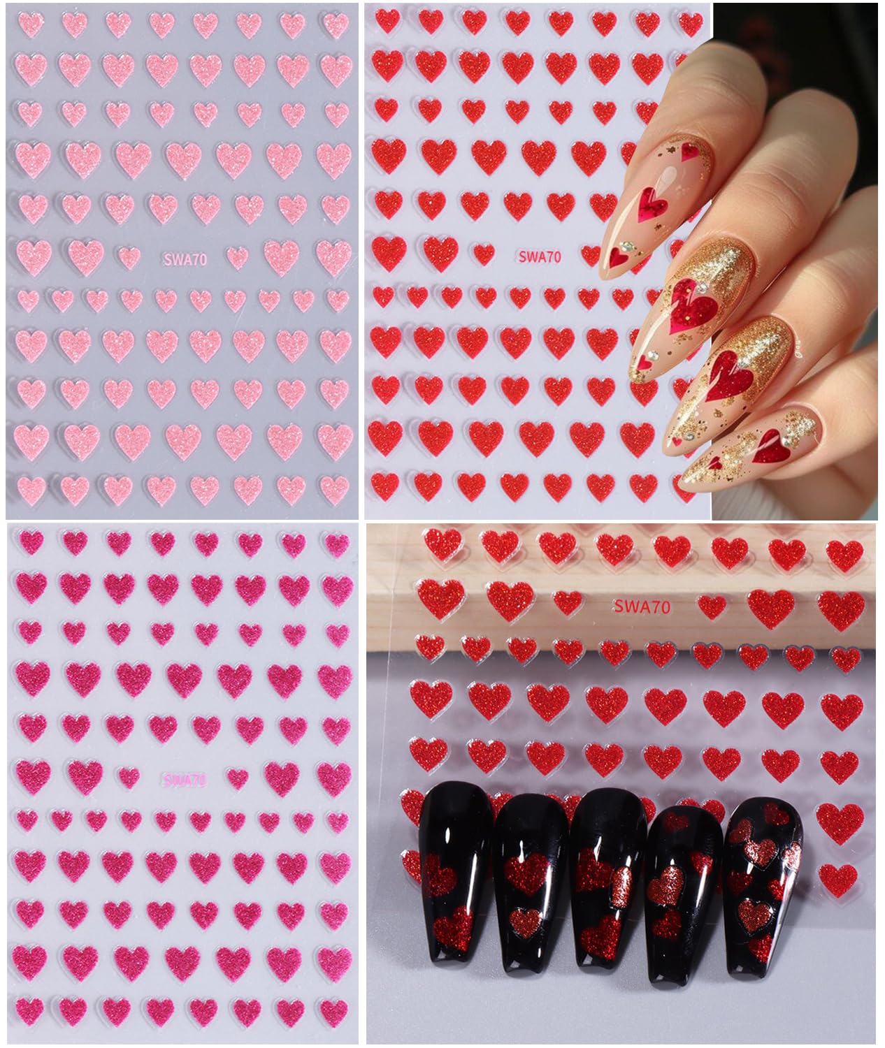 BSBTBZ Heart Nail Stickers - Valentine's Day Love Style Shiny Glitters Red Pink Self-Adhesive Glitter Powder Effect Valentine's Hearts Nail Design for Women DIY Manicure Supplies