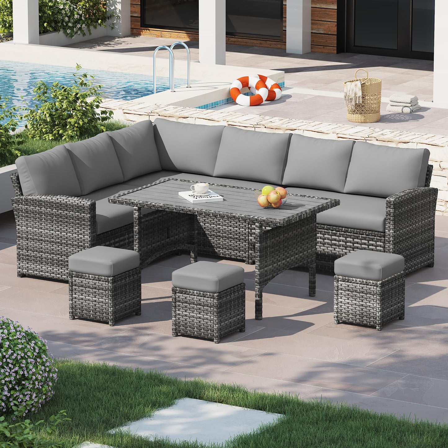 U-MAX 7 Pieces Patio Furniture Set with Waterproof Cover, Outdoor Sectional Sofa Conversation Set, All Weather Wicker Rattan Dining Table & Chair with Ottoman, Grey Rattan&Grey Cushion