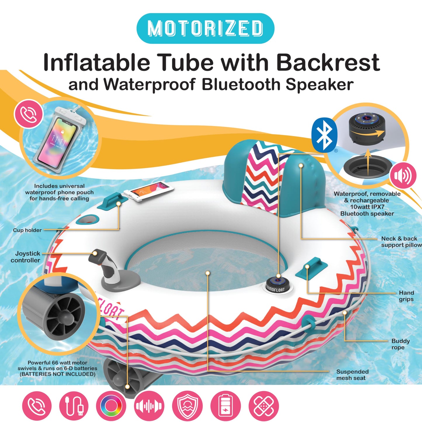Inspired Living Motorized Inflatable Pool Float Lounger Tube, Bluetooth 5 IPX7 Waterproof Speaker, Pool & Lake Float with Mesh Bottom, Cup Holder, Backrest, Heavy-Duty Handles, 66W Motor