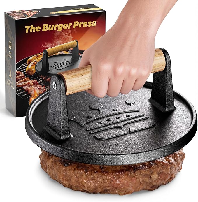 Smash Burger Press 6.5â,Cast Iron Flat Round Edge Grill/Bacon/Meat/Hamburger/Chef Press with Wood Handle,1.74lb hamburger press patty maker for Griddles,Nonstick burger smasher for griddle accessories