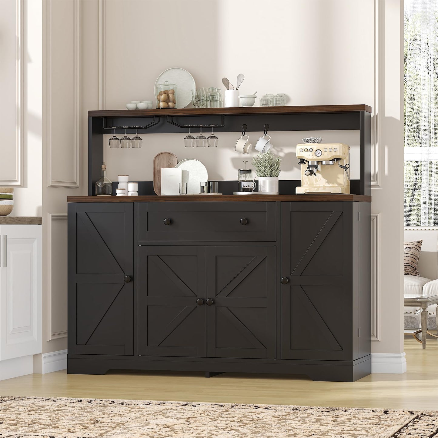 VVFLU Hutch Storage Buffet Cabinet with Drawers, and Charging Station, Coffee Bar Cabinet with Barn Doors, Wine Rack and Hooks, White Wood Sideboard Buffet for Kitchen, Dining Room, 47.8" High