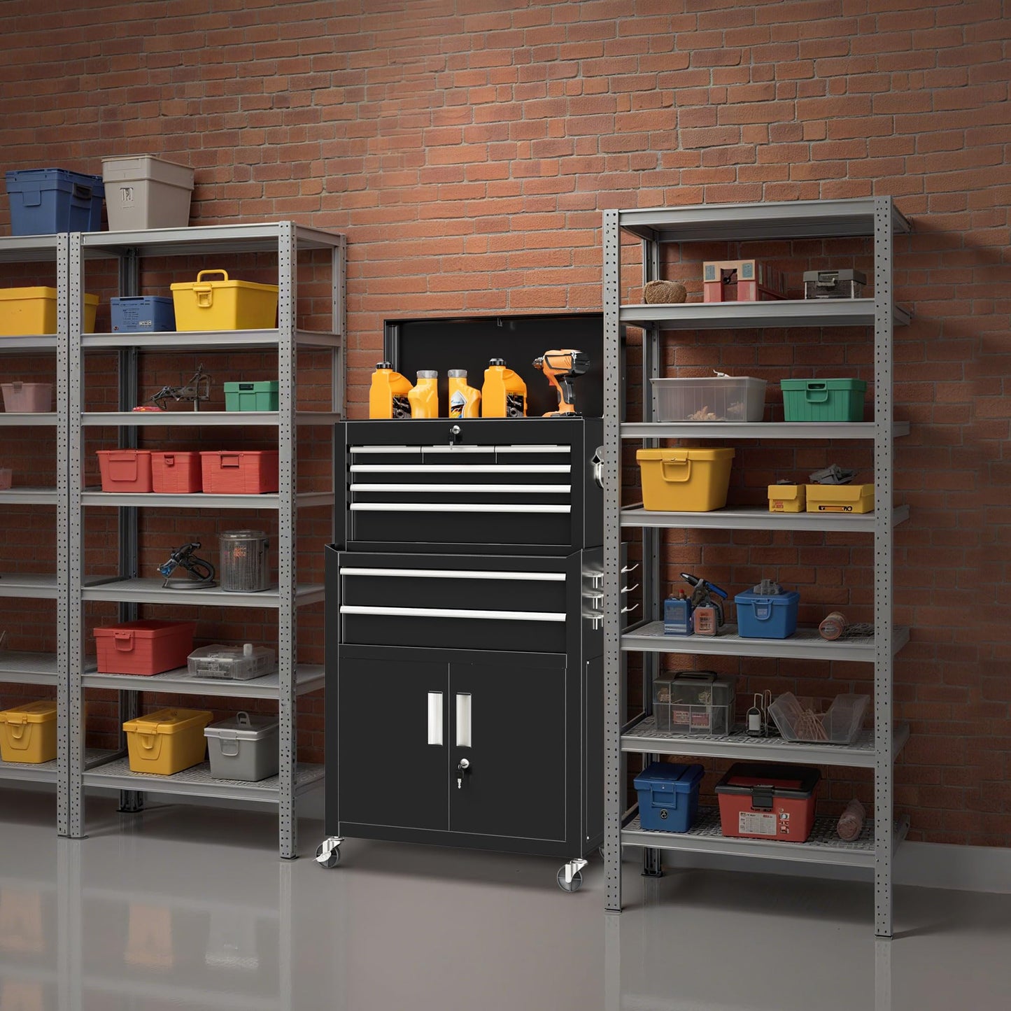 Bonusall 8 Drawer Rolling Tool Chest and Cabinet Combo,Heavy-Duty Metal Garage Tool Chest with Wheels and 2 Doors,2-in-1 Top Box and Roller Cabinet Combo for Garage, Workshop, Warehouse-Black