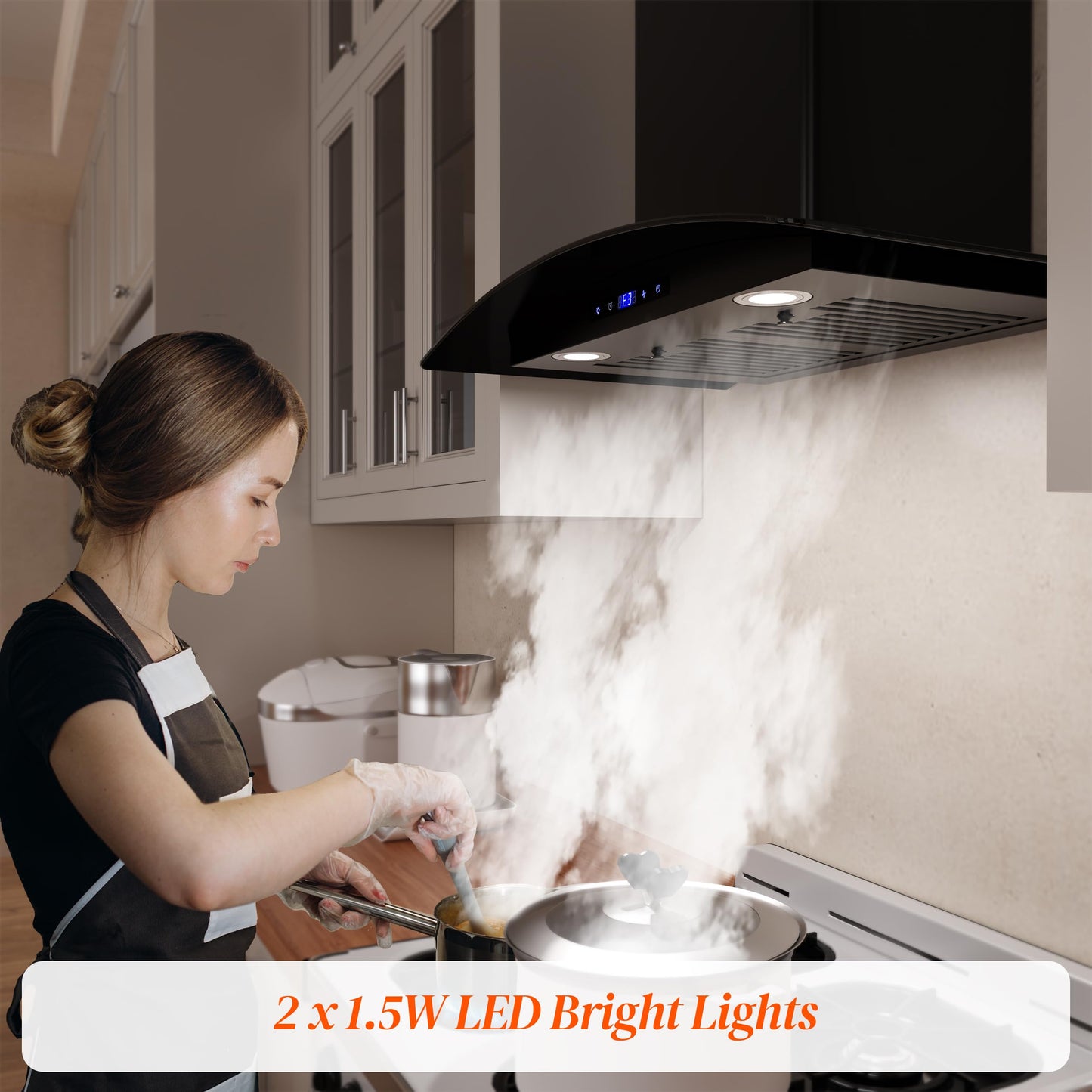 FIREGAS Range Hood 30 inch, 600 CFM Wall Mount Glass Kitchen Hood Ducted/Ductless Convertible with 3-Speed Fan, Screen Control, Time Setting, LED Lights, Black Painted Stainless Steel Vent Hood