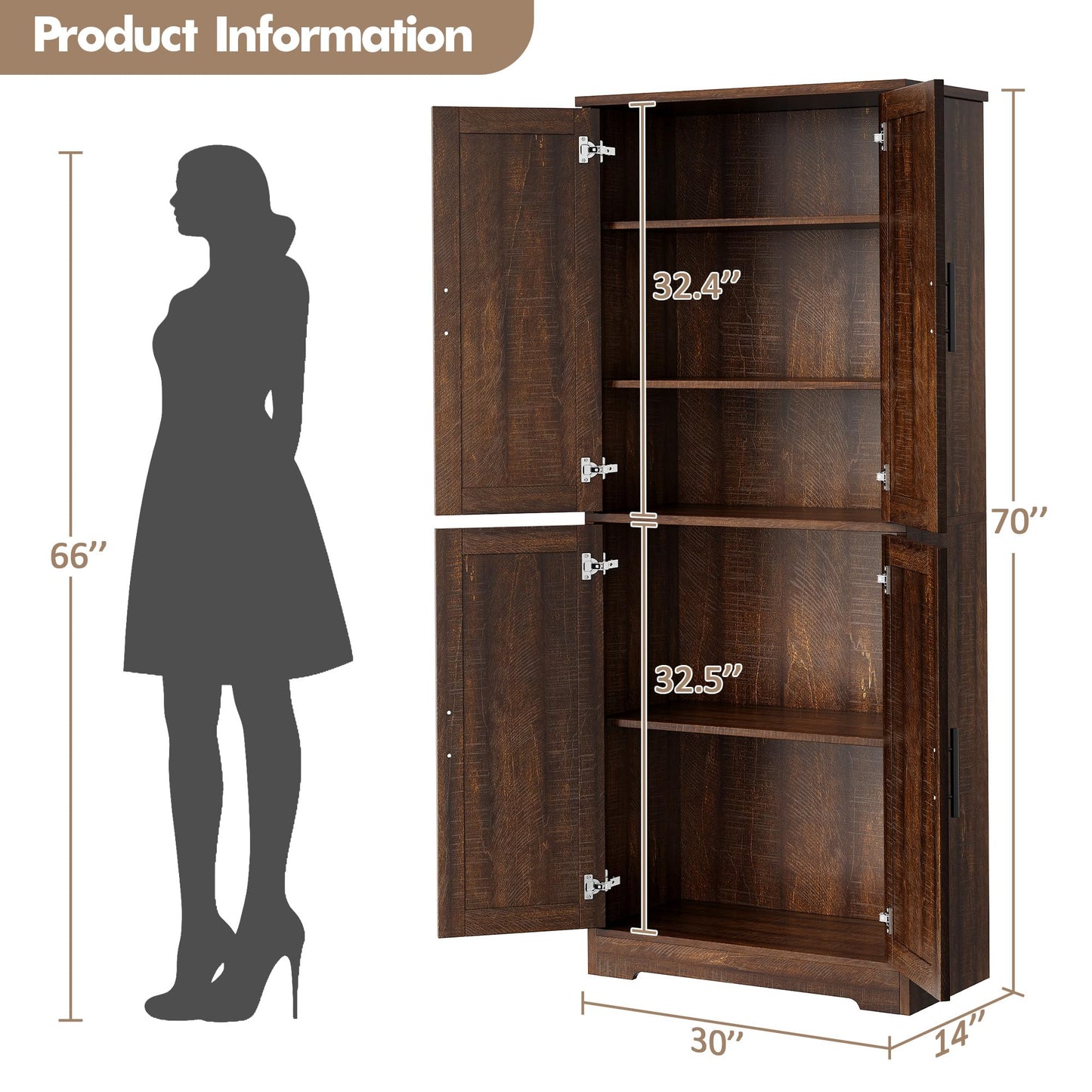 GarveeLife 70" Tall Kitchen Pantry,Farmhouse Storage Cabinet with Adjustable Shelves,Farmhouse Pantry Cabinet with 4 Barn Doors, for Kitchen,Dining Room,Living Room.(Rustic Brown)