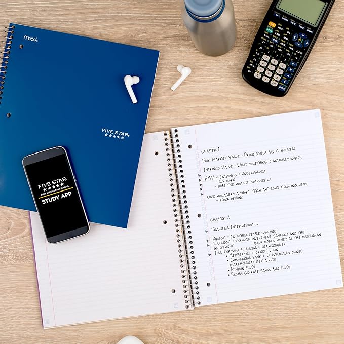 Five Star Spiral Notebook + Study App, 5 Subject, College Ruled Paper, 8-1/2" x 11", 200 Sheets, Fights Ink Bleed, Water Resistant Cover, Pacific Blue (73635)