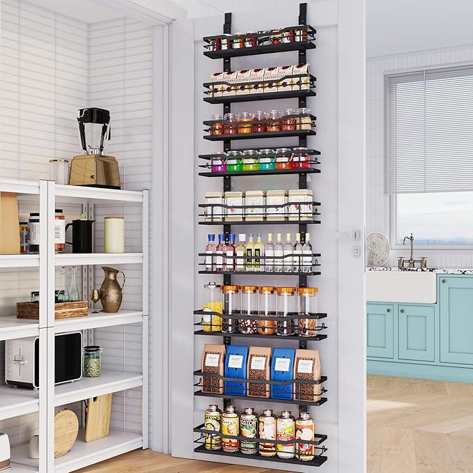 Eastherry Over The Door Pantry Organizerï¼9-Tier Over The Door Organizer with Adjustable Basketï¼Metal Hanging Pantry Organizers and Storage for Kitchen, Back of Door Seasoning Rack (Black)