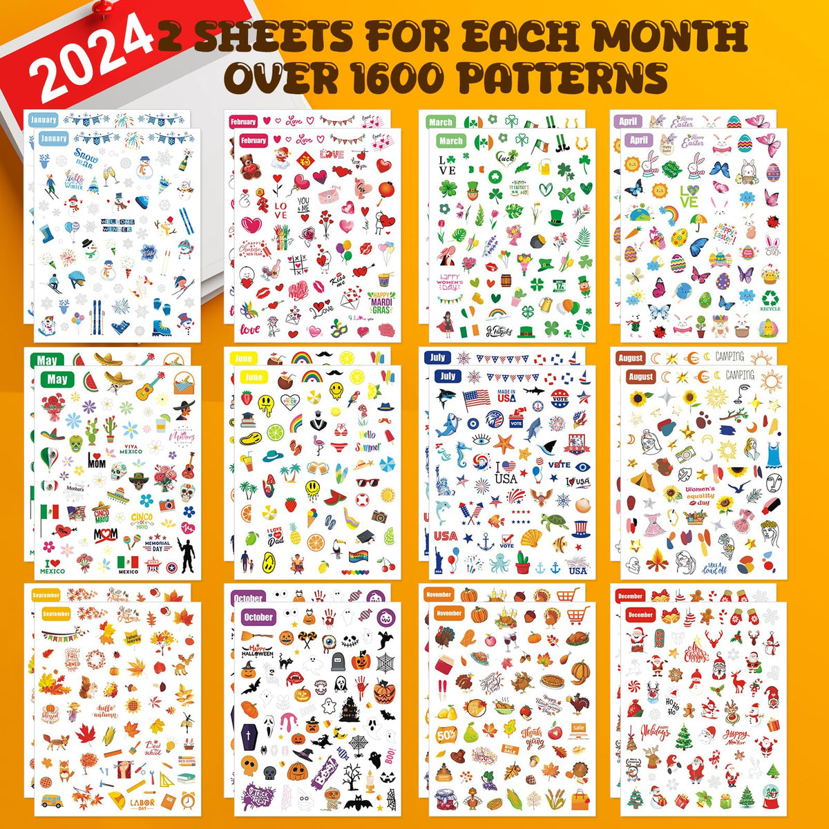 IDDFEVE 12 Months All Holiday Nail Stickers, 24 Sheets Seasonal Variety Pack 2 Pcs Per Month DIY Nail Art, Self-Adhesive Pegatinas Uñas for a Year of Halloween Christmas Thanksgiving&Valentine’s Day