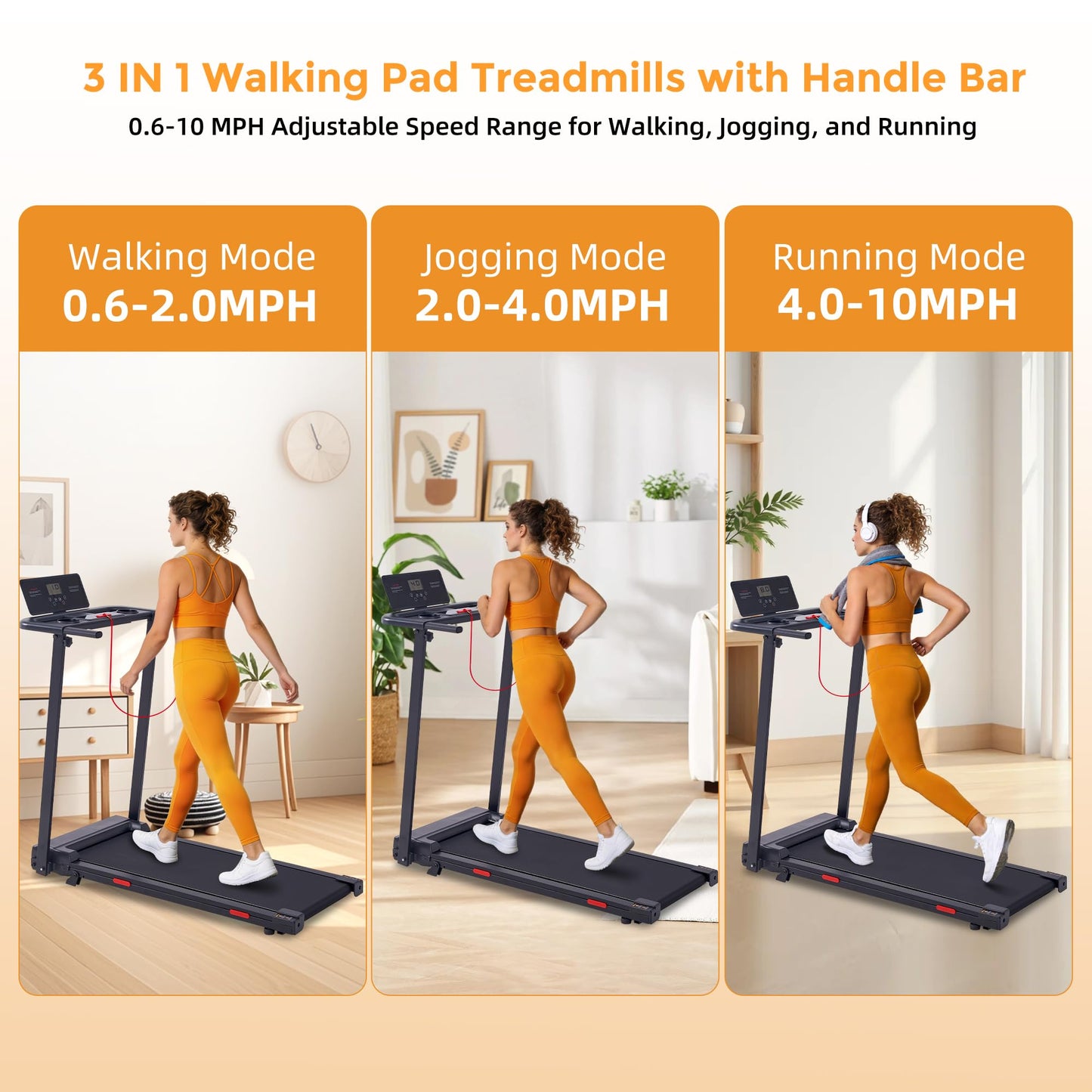 POTUPUS Walking Pad with Handle Bar, 0.6-10MPH Walking Pad Treadmill for Home Small, 3.5HP Portable Small Running Treadmill with Handles, Big Screen, 400LBS