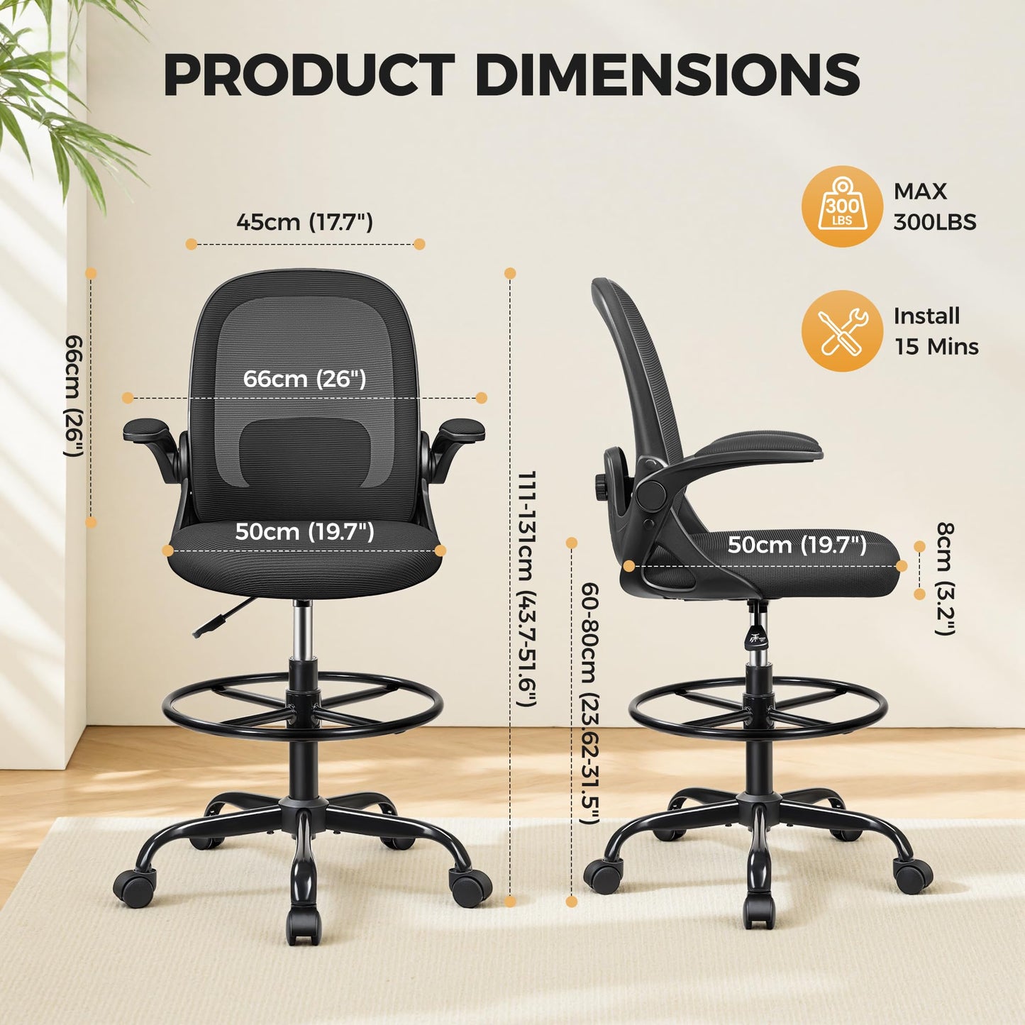 Primy Home Office Drafting Chair - Tall Desk Chair with Flip-up Armrests 3D Lumbar Support, Comfort Drafting Chair with Footrest for Standing Desk, High Chair for Bar Study Work