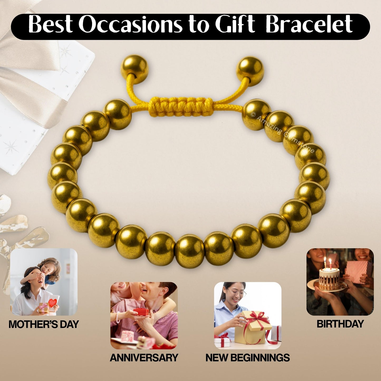 Amazing Gemstone Golden Hematite Bracelet, Gifts For Men & Women - Protection Healing Crystal Bracelet - 8mm Gemstone Beaded Adjustable Bracelet, Pulseras Para Hombres Mujer Stocking Stuffers