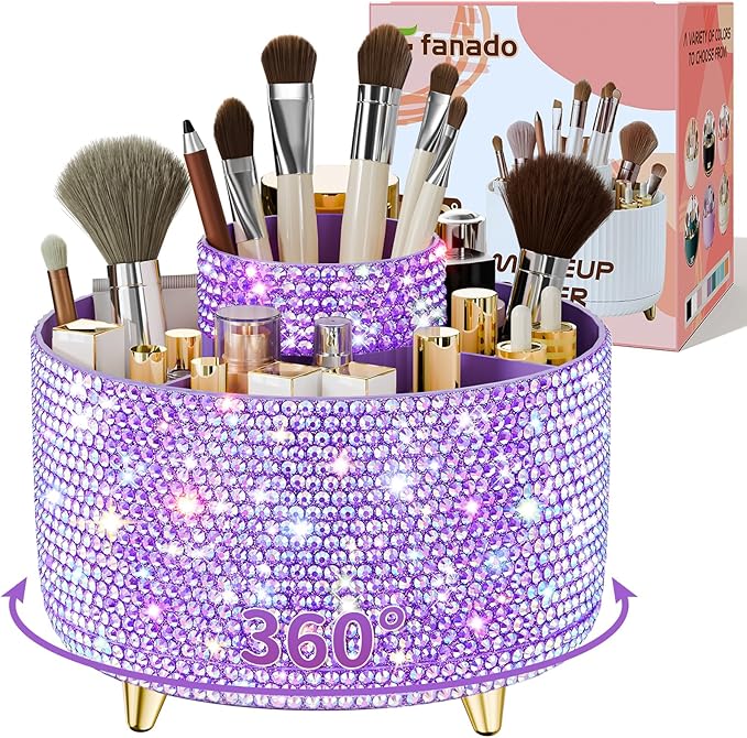 Bling 360ð Rotate Makeup Brush Holder Organizer, Makeup Organizers Countertop, Makeup organization and Skincare Storage for Vanity, Gift for Women Girls (Bling dz-Purple)