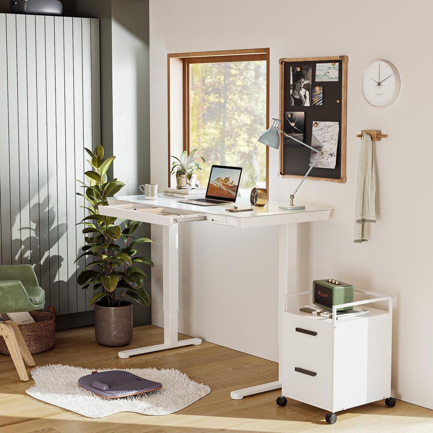 BANTI Electric Standing Desk with Drawers, 55 inch Whole-Piece Glass Desktop, Height Adjustable Stand up Sit Stand Home Office Ergonomic Workstation, White Tabletop