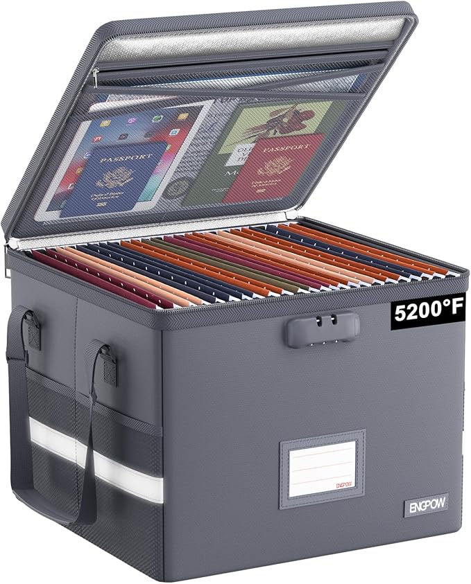 ENGPOW 5200ðF File Box Fireproof Document Box with Lock,Heat Insulated Collapsible File Storage Organizer Box with Handle,Portable Home Office File Cabinet for Hanging Letter/Legal Size Folder, Gray