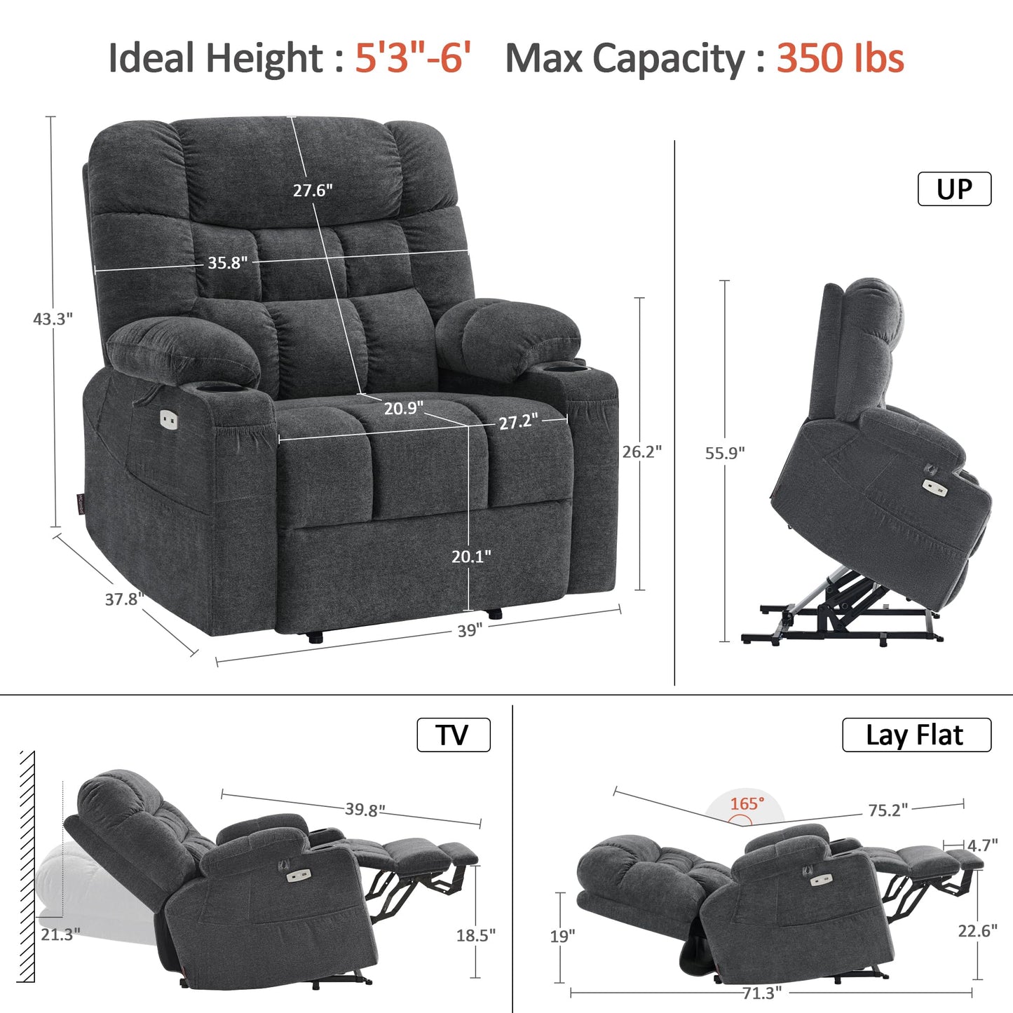 MCombo Dual Motor Power Lift Recliner Chair with Massage and Dual Heating for Elderly, Lay-Flat for Sleeping, Extra Wide for Big and Tall, Fabric R7070 (Dark Grey)