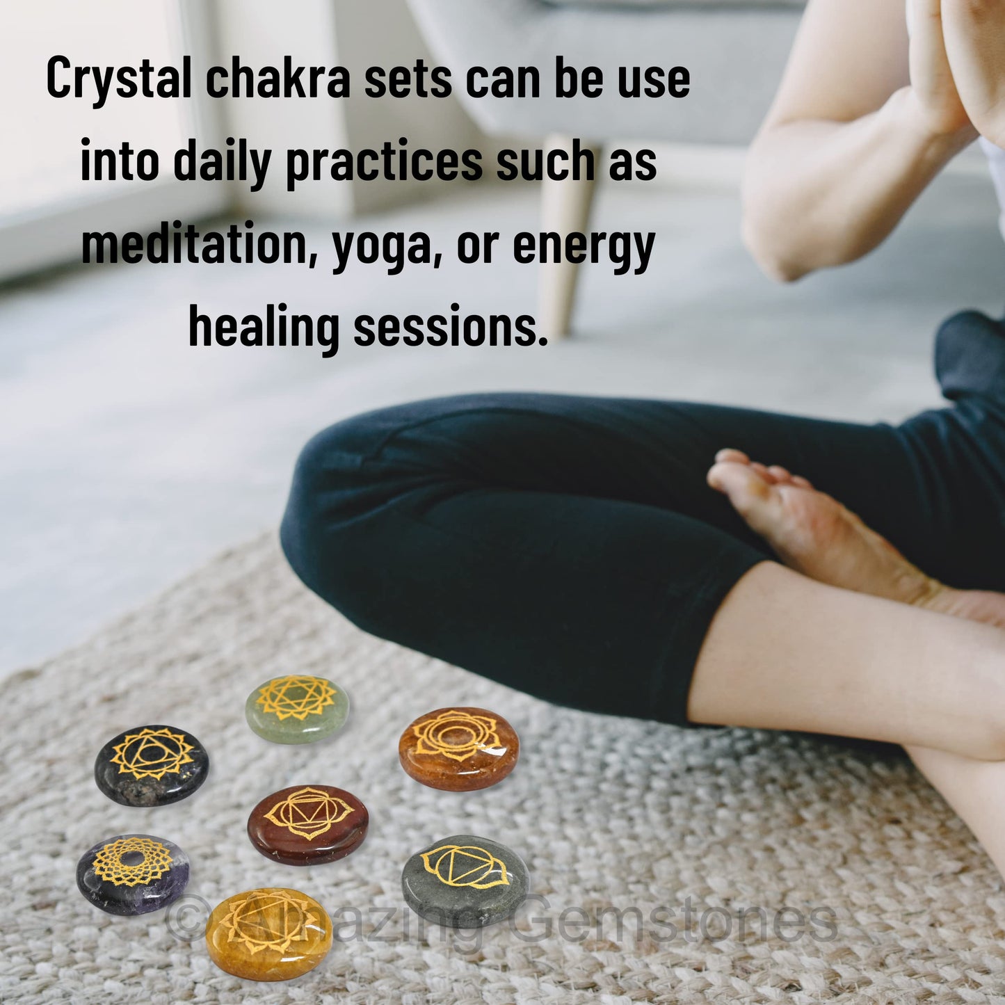 Amazing Gemstone 7 Chakra Set Reiki Healing Crystal with Engraved Chakra Symbols - Chakra Balancing Polished Palm Stones Set with Velvet Pouch