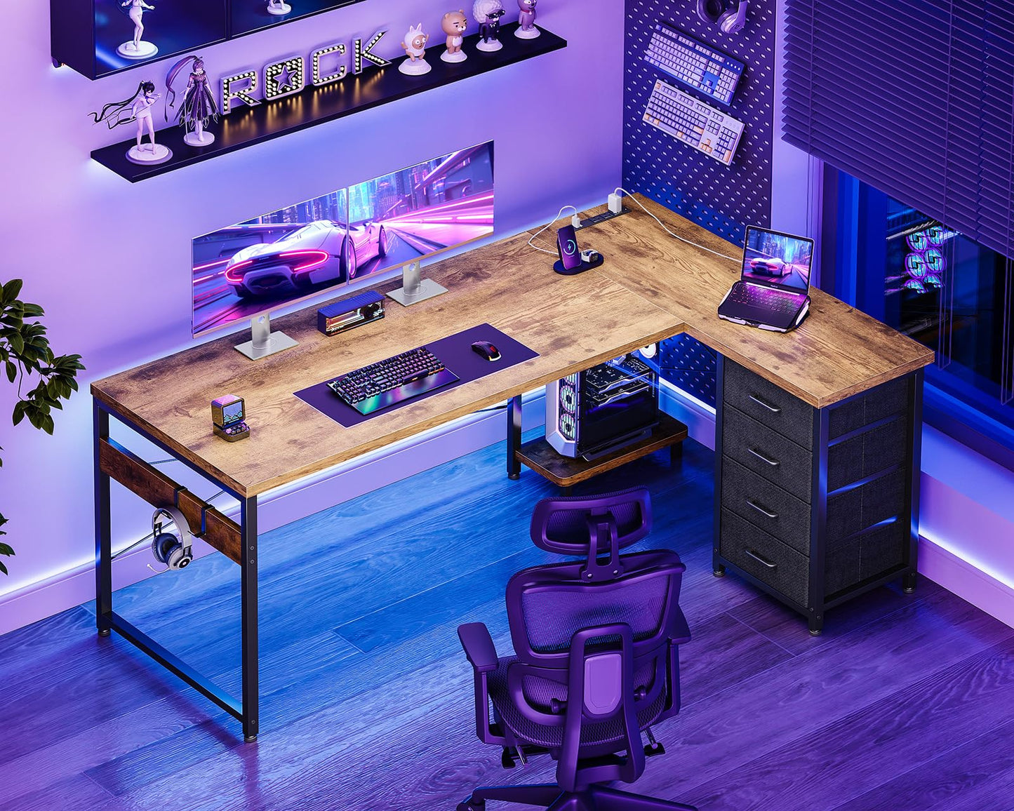 AODK L Shaped Desk with 4 Tier Drawers, 61" Reversible Gaming Desk with Power Outlets, L Shaped Computer Table with USB Charging Port and Host Stand, Home Office Table, Easy to Assemble, Vintage