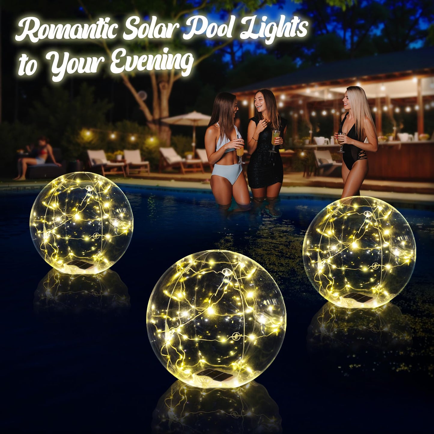 Cootway Floating Pool Lights, 15 Inch Warm White Solar Pool Light that Float, IP68 Waterproof Inflatable Light Up Pool Balls, Float or Hang Solar Floating Lights for Pool, Wedding, Party Decor - 4PCS