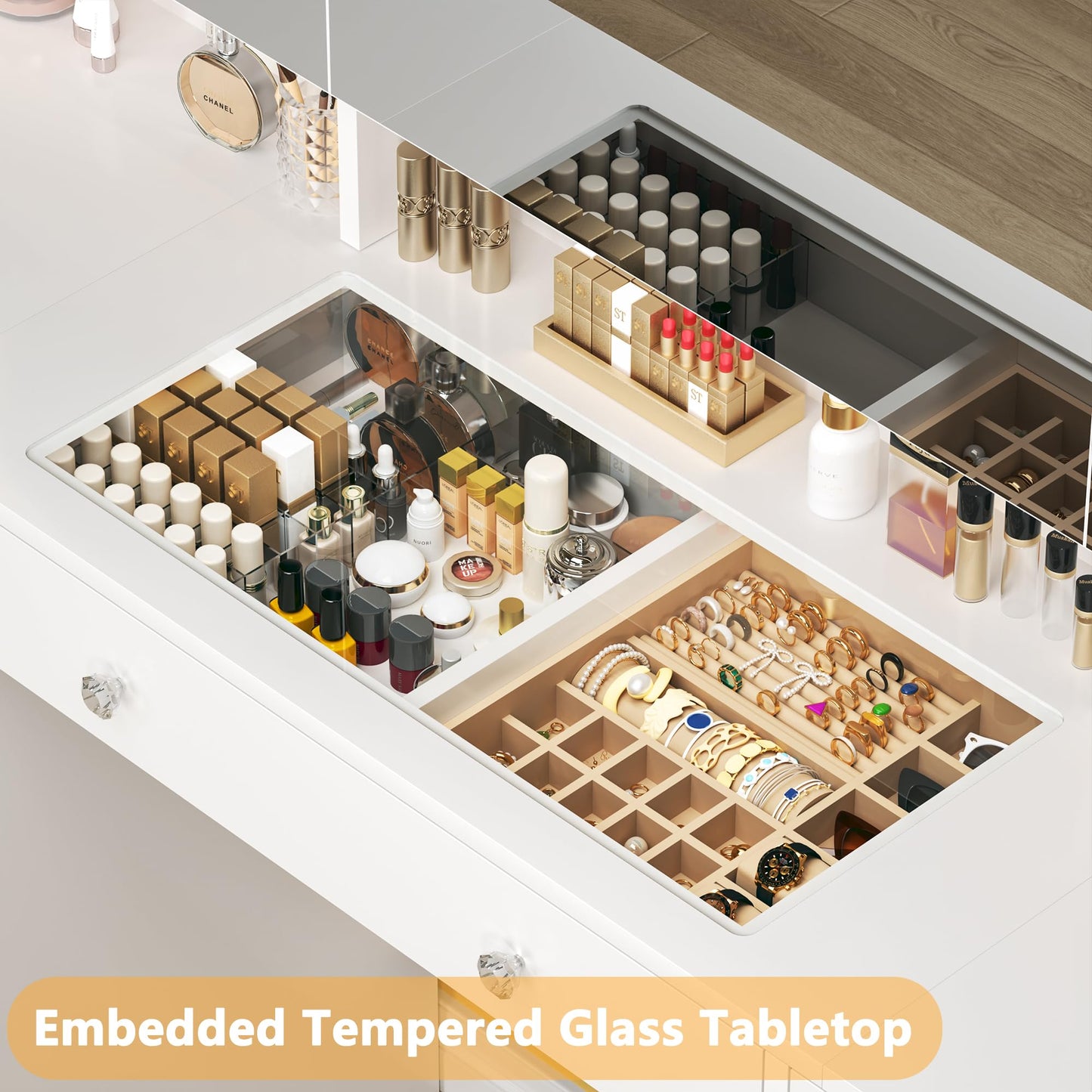 HUAHUU 50'' Glass Top Makeup Vanity with 11 Drawers, White Vanity Desk with Large LED Mirror & Lights, Built-in Charging Station & 3 Light Modes, Brightness Adjustable, 8 Hidden Shelves, White