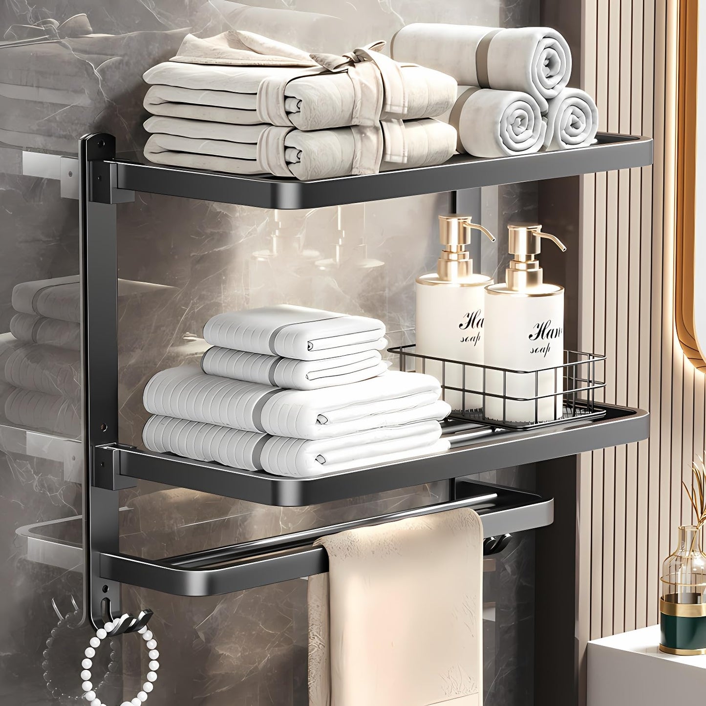 Towel Racks for Bathroom,Soupiar 3 Tier Foldable Bathroom Towel Rack Wall Mounted,16Inch Stainless Steel Shelf Towel Bar,Lavatory Holder with Hooks Shelves(Silver)