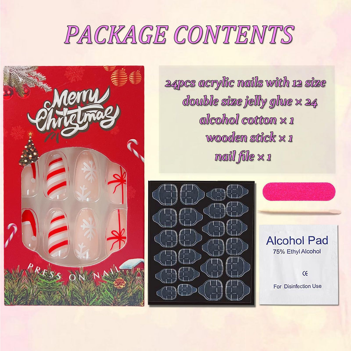 Medium Christmas Press on Nails Almond Shape Fake Nails Red Christmas Hat False Nails French Tip Designs Acrylic Glue on Nail Glossy Full Cover Snowflake Bow Stick on Nails for Women Nail Art 24Pcs