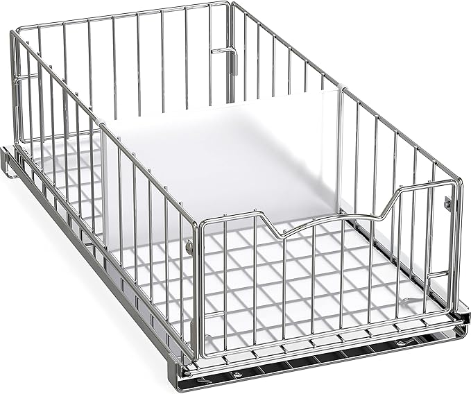 Simple Houseware Pull-Out Cabinet Sliding Basket Organizer, 17.2" D x 9.7" W x 5" H â Chrome Finished, Ideal for Kitchen and Bathroom Cabinet Storage, Under Sink or Pantry Organization