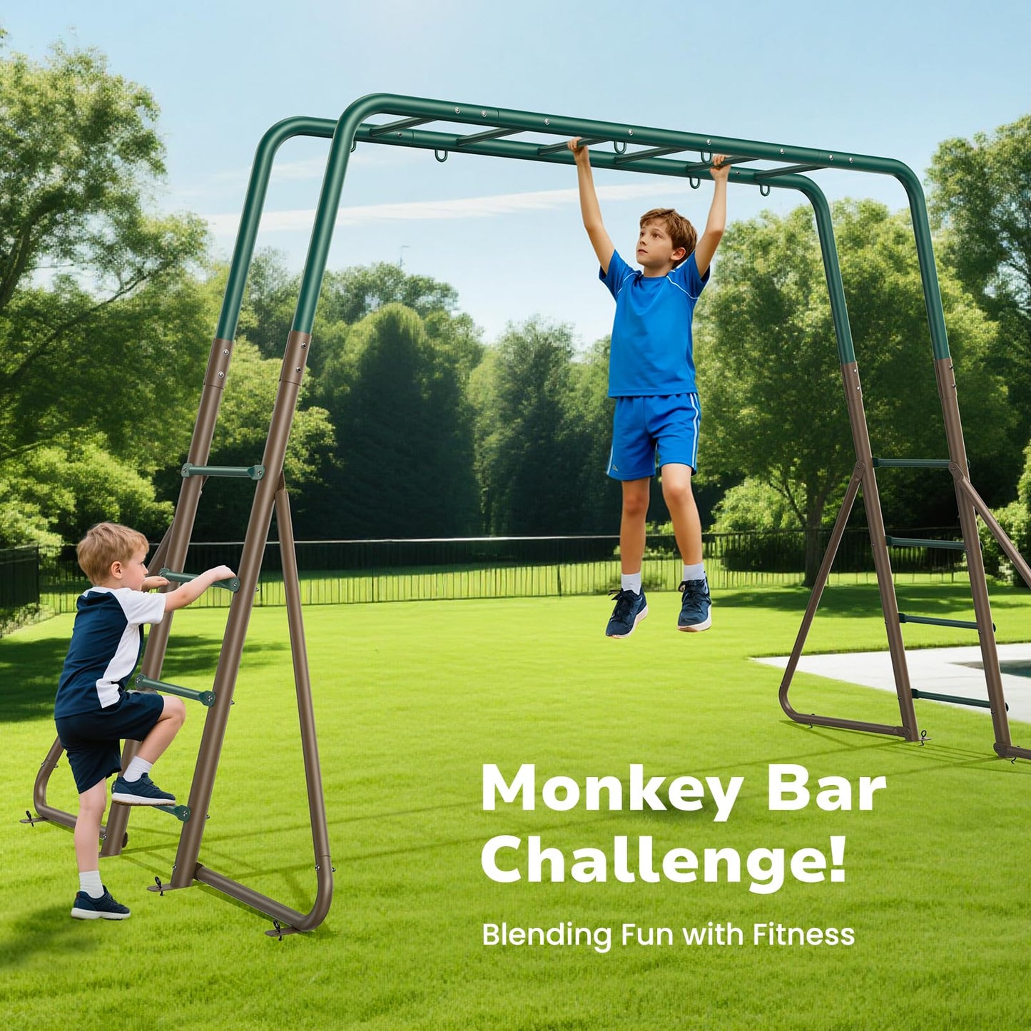 Hapfan Swing Sets for Backyard with Monkey Bars, 2 Belt Swings & Trapeze Bar- Heavy Duty Metal Outdoor Playground Sets for Kids, Backyard Playset (Patent Pending)