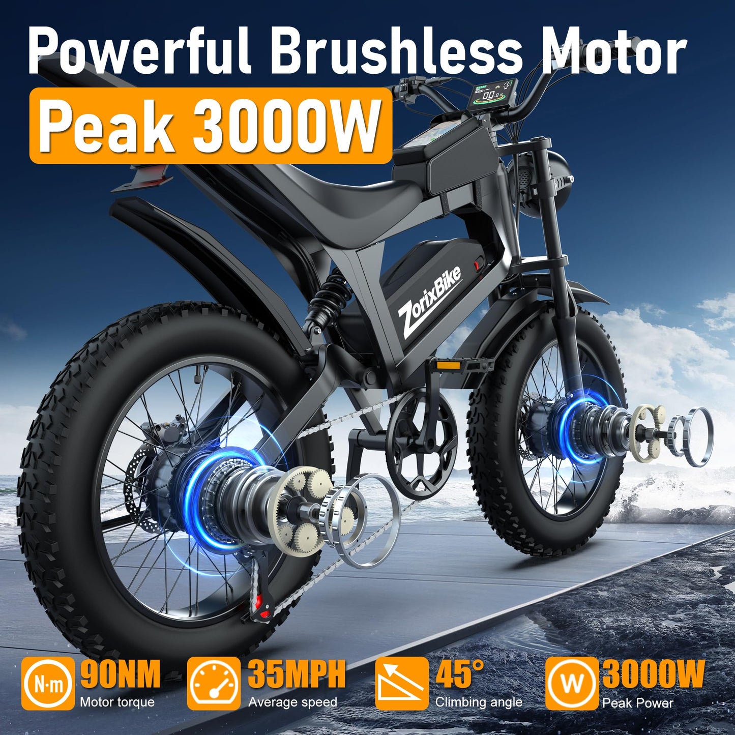 ZorixBike Electric Bike for Adults,48V 20AH - Peak Power 1500/3000W Brushless Motor Electric Bicycle - Max Speed 31-35MPH - Max 80 Miles Range - 20" x 4.0" Fat Tire Dirt EBike,R8 Pro-3000W