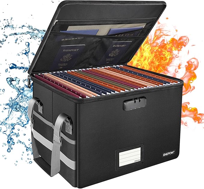 ENGPOW File Box with Lock,Fireproof Document Box with Zipperï¼ÂPockets,Collapsible File Organizer Filing Storage Cabinet with Handle,Portable Home Office Safe for Hanging Letter/Legal Folder,Black