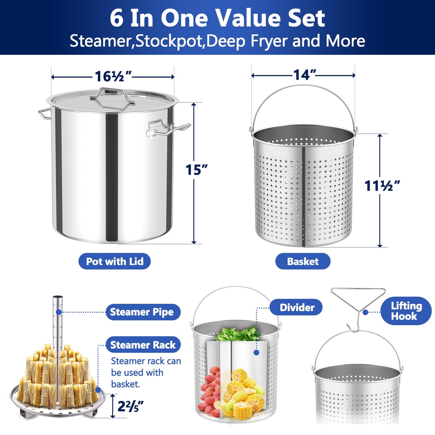 ARC 52QT Stainless Steel Stockpot for Crab Seafood Boiler Crawfish Pot with Basket and Steamer Rack, Outdoor Cooking Pot for Lobster Shrimp Boiling, Turkey Fryer and Tamales Steamer, 13 Gal