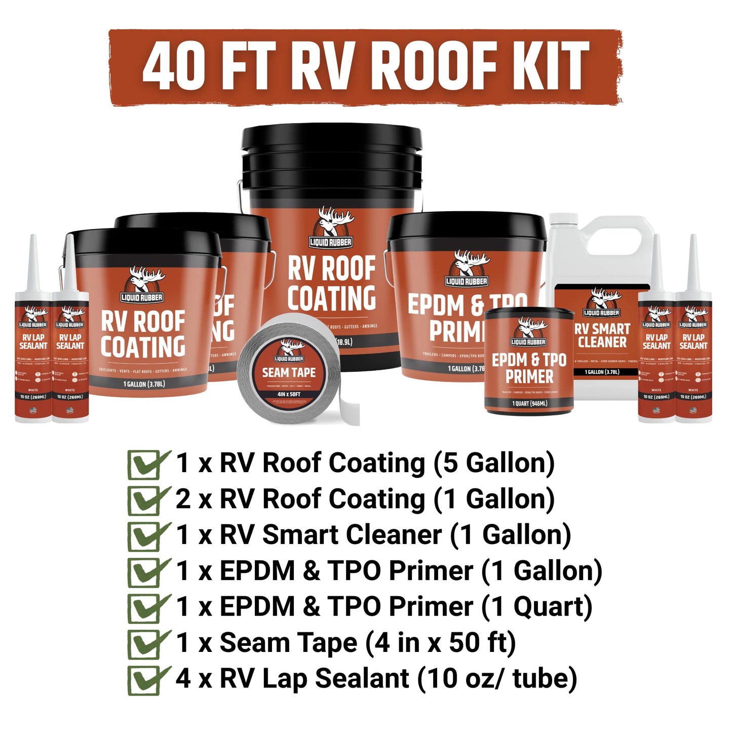 Liquid Rubber RV Roof Coating 40 Ft Leak Repair Kit – Solar Reflective, Waterproof & Weatherproof Protection – Complete System with Sealer, EPDM Primer, Cleaner, Seam Tape & Lap Sealant