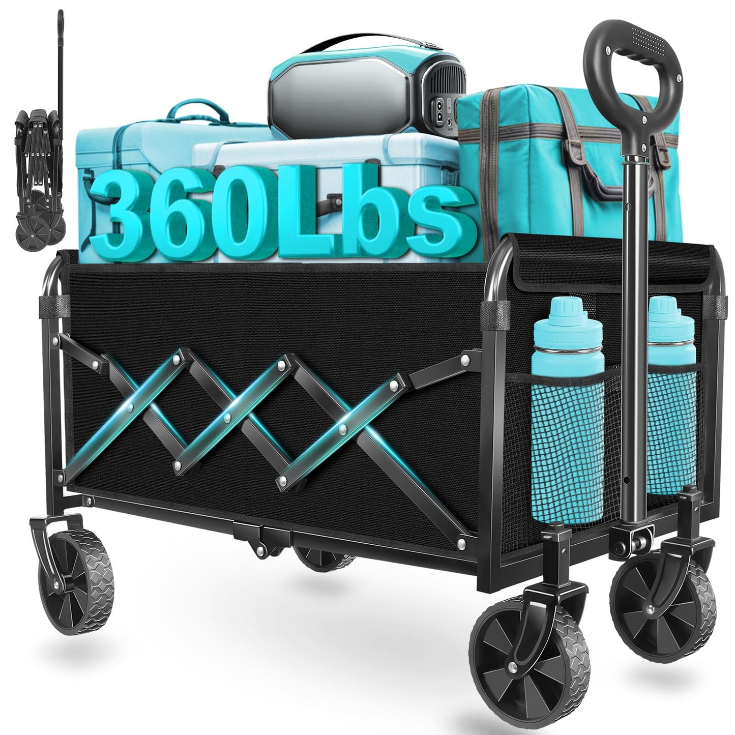 Wagons Carts Foldable, Collapsible Wagon with Wheels â Foldable Wagon for Groceries,Picnic,Beach,Camping, Small Hauls, Apartment Moving Storage, Portable Utility Folding Wagon Cart, 360lbs,Jet Black