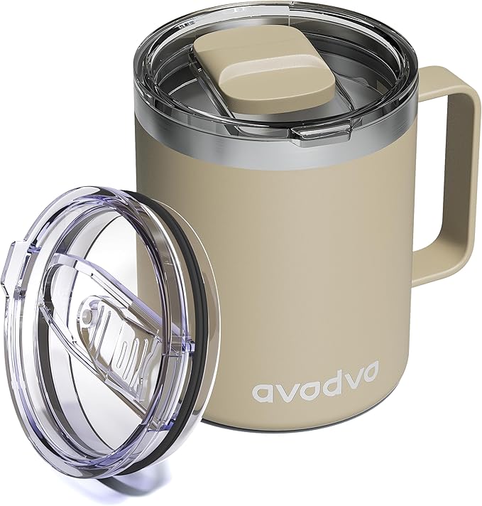 12oz Insulated Coffee Mug with Lid â Includes Two Lids, Stainless Steel Coffee Travel Mug with Handle, Double Wall Vacuum Insulated Camping Mug for Home, Office & Outdoor, Brown
