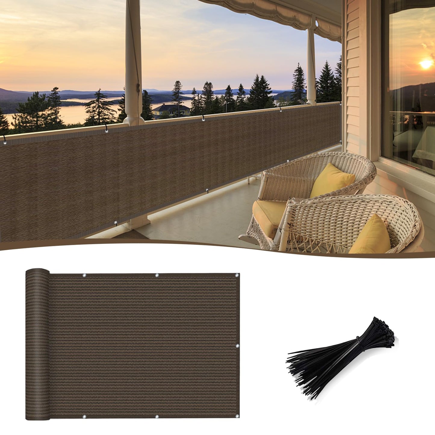 SUNNY GUARD 3'x10' Brown Balcony Deck Privacy Screen Fence, Apartments Railing Screen, Heavy Duty Wind Screen for Outdoor,Backyard,Patio,Deck Privacyï¼We Make Custom Sizesï¼