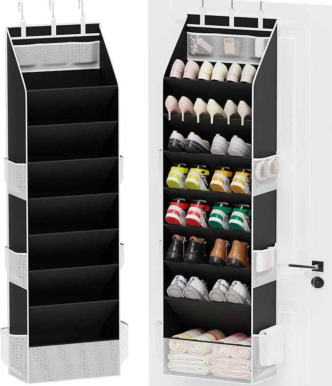 Criusia Shoe Organizer, Over the Door Shoe Organizer for Closet, Hanging Closet Shoe Storage with Large Deep Pockets, Holds Sneakers, Sandals, Boots, Fits 16â24 Pairs, Black