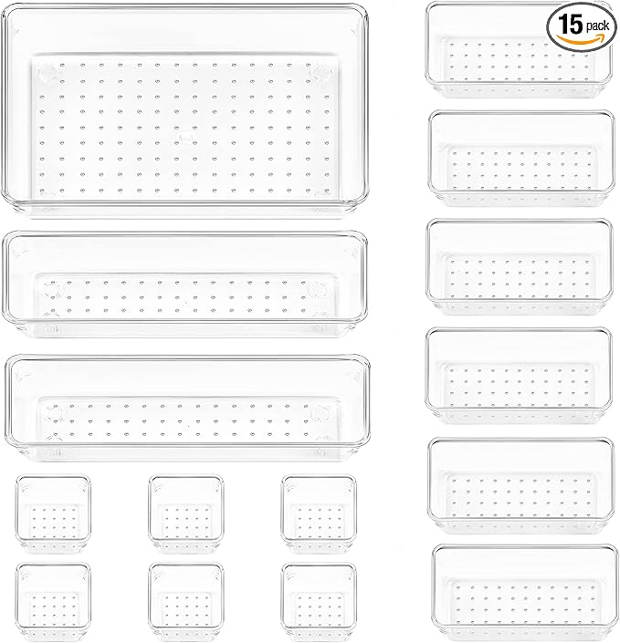 Vtopmart 15 PCS Clear Plastic Drawer Organizers Set, 4-Size Versatile Bathroom and Vanity Organizer Trays, Non-Slip Storage Containers for Makeup, Jewelries, Bedroomï¼Kitchen Utensils and Office