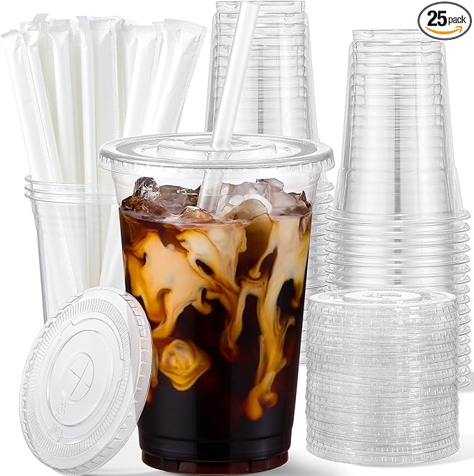 AOZITA 20 oz Plastic Cups with Lids and Straws, 25 Pack, Disposable Iced Coffee Cups with Lids, Clear Cups with Lids for Cold Drinks, Iced Tea, Milkshakes, Smoothies - Durable & BPA Free