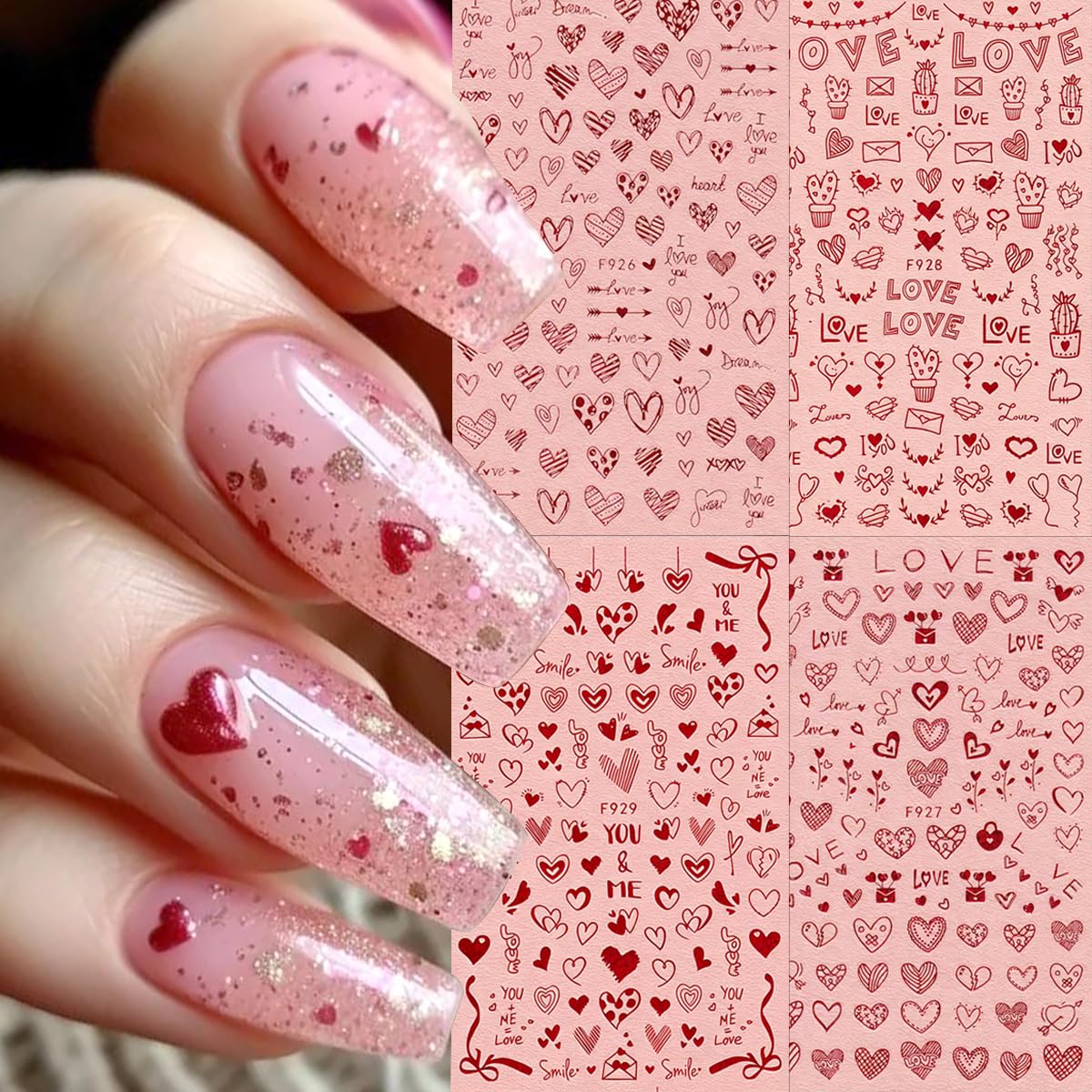 4 Sheets Valentines Nail Art Stickers Romantic Love Heart Nail Decals Glitter Laser Red Design Nail Stickers 3D Self-Adhesive Valentine's Holiday Nail Art Supplies for Women DIY Manicure Decoration