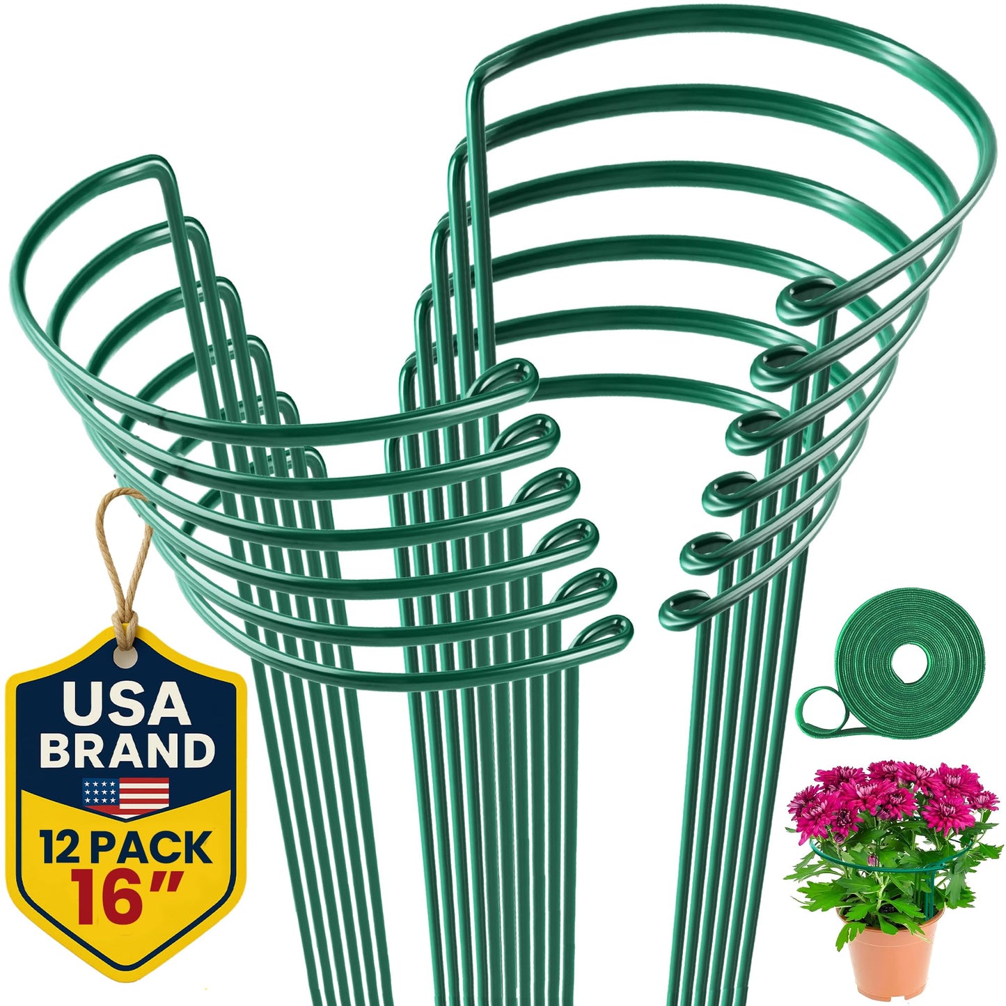 K-Brands 12 Pack Plant Support Stakes â Heavy-Duty Half Round Peony Support Ring and Cage for Indoor and Outdoor Plants â Peony, Tomato, Hydrangea, Rose 10" Wide x 16" High