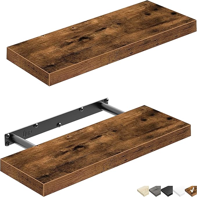QEEIG Floating Shelves for Wall Bathroom Shelf Bedroom Kitchen Living Room Farmhouse Small Book Shelf 16 inch Set of 2, Brown (015-BN2)