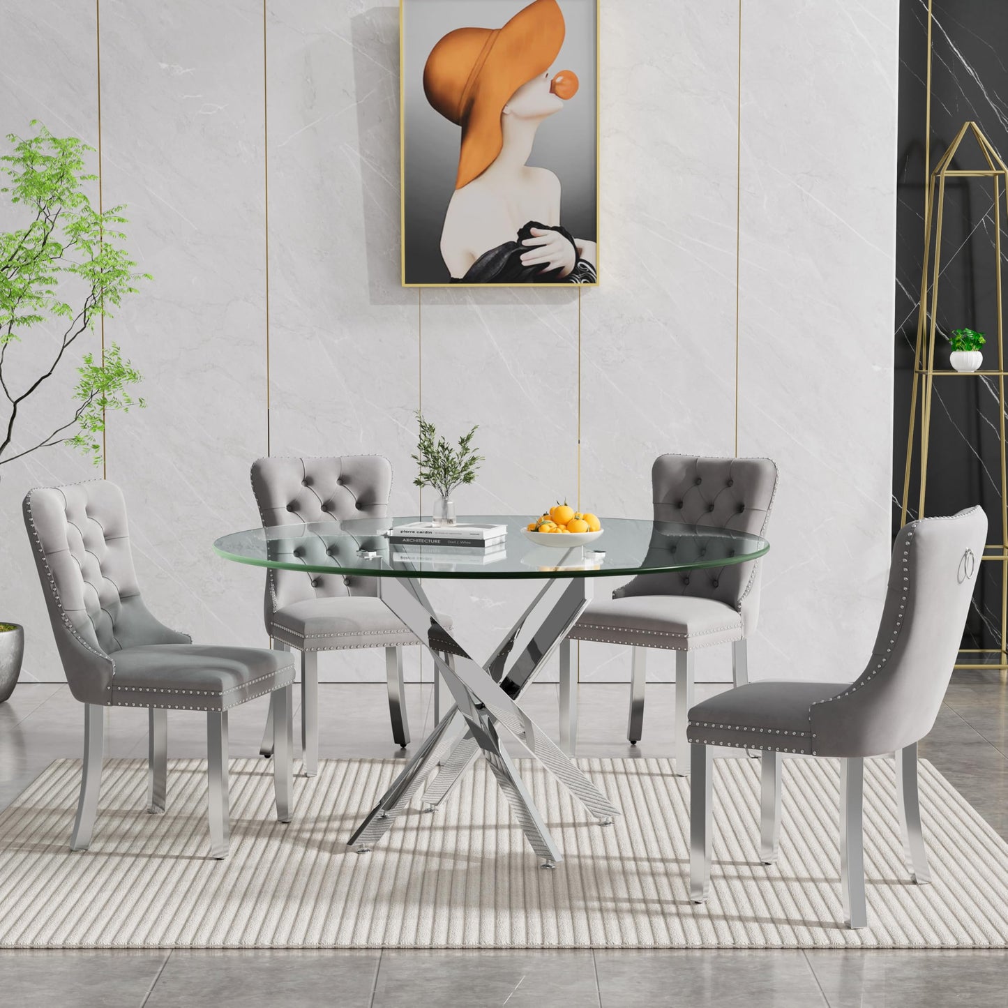 KUVADAZ 47.24" Modern Silver Glass Dining Room Table Set for 4, 5-Piece Round Kitchen Dining Table Set with Cross Metal Legs and 4 Grey Velvet Upholstered Chairs, Glass Kitchen Table and Chairs Set