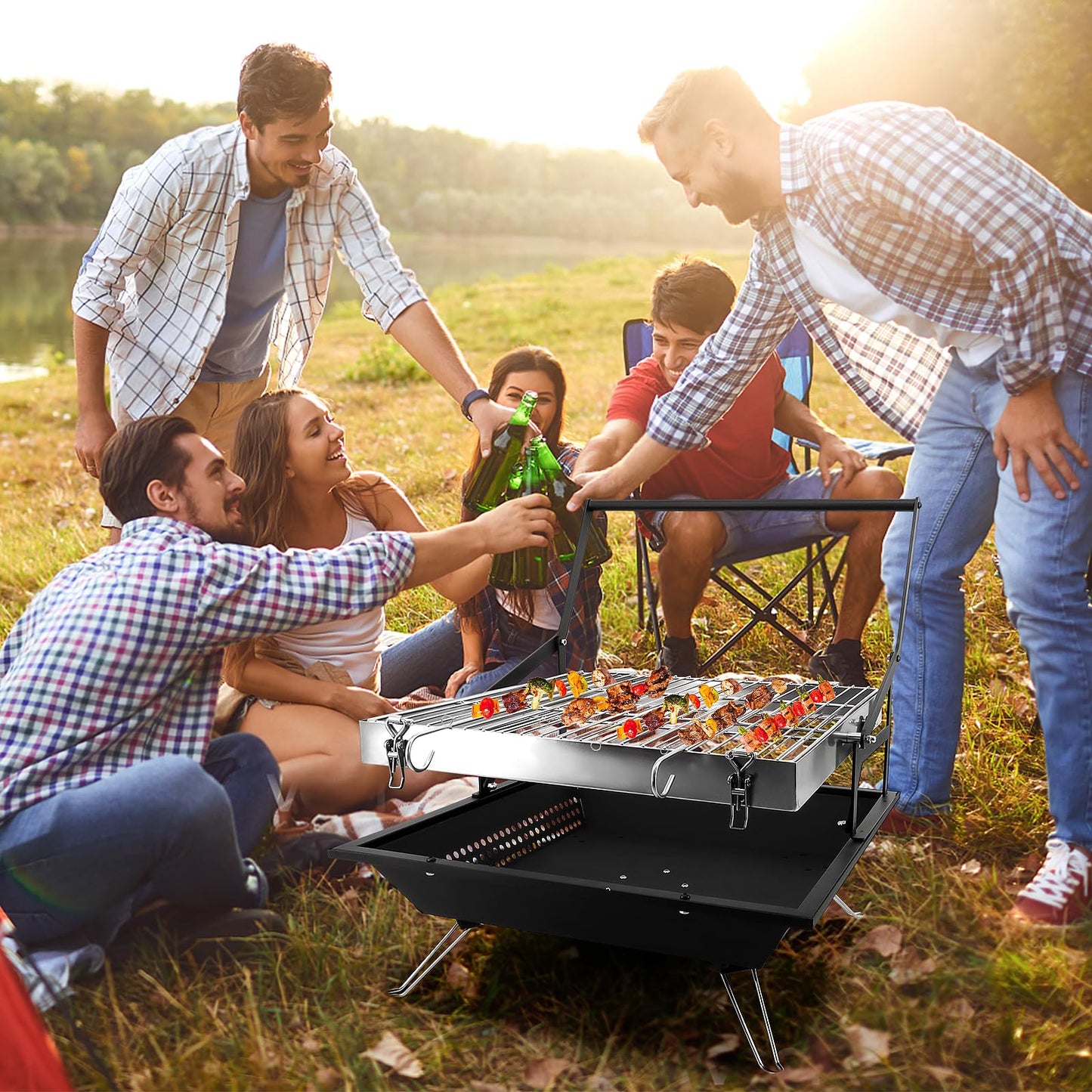 BiggerFire 360° Rotating Charcoal Grills,Stainless Steel Flipping Barbecue Grill for Camping BBQ Picnics Beach Party Cooking Outdoor Garden Yard