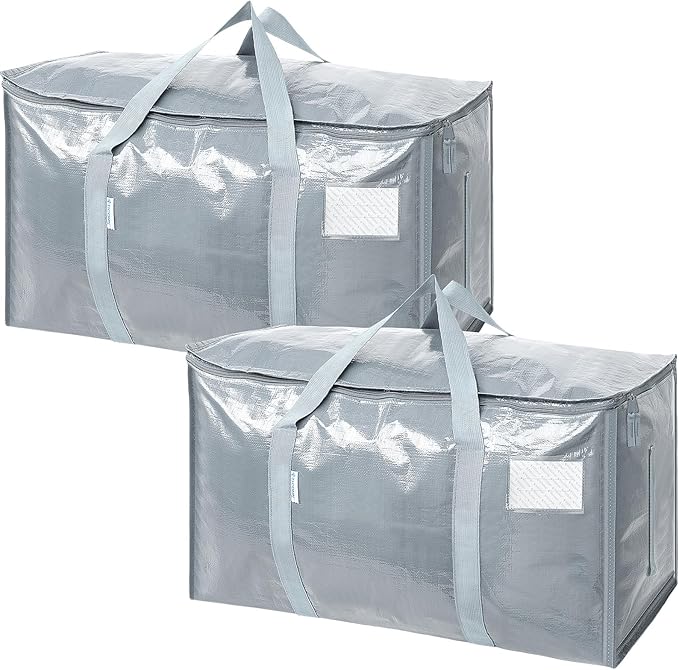 TICONN 2 Pack Extra Large Moving Bags Heavy Duty with Zippers & Carrying Handles, Durable Storage Bags Moving Boxes for Closet Organizers and Storage (2 Pack, Light Grey)
