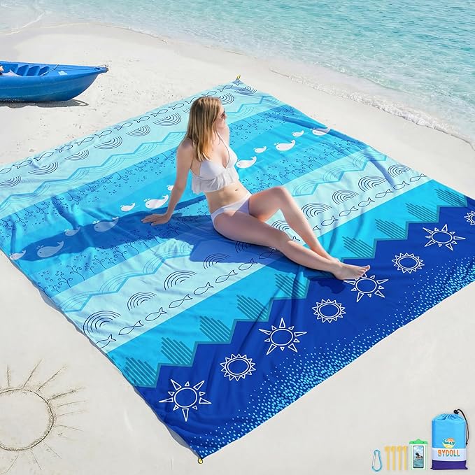 BYDOLL Beach Blanket Waterproof Sandproof Large Sand Free, 78''X110'' Oversized Sandless Lightweight Blanket Picnic Mat for Beach Travel Camping Hiking with Stakes